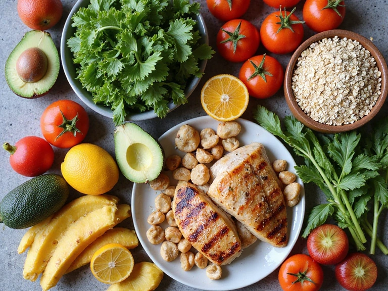 Variedad de alimentos saludables dispuestos en una mesa, incluyendo frutas frescas, verduras, granos enteros y proteínas magras, simbolizando un plan de alimentación balanceado.