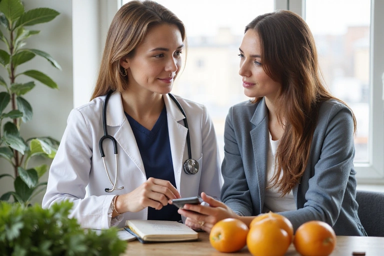 Doctora en nutrición explicando a una paciente el plan dietético en una consulta, con un ambiente cálido y profesional