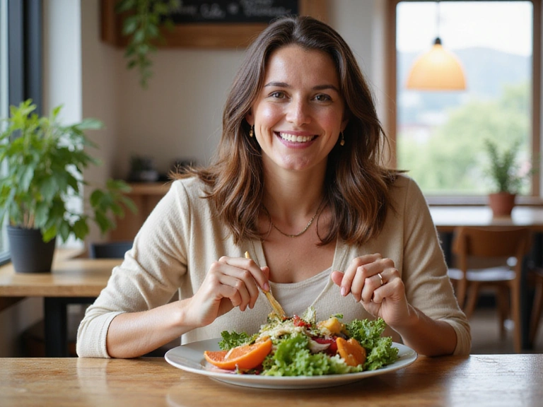Mujer sonriendo y comiendo ensalada