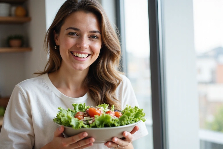 Mujer sonriendo mientras come una ensalada saludable, representando los servicios de asesoramiento nutricional de NutriEquilibrio.